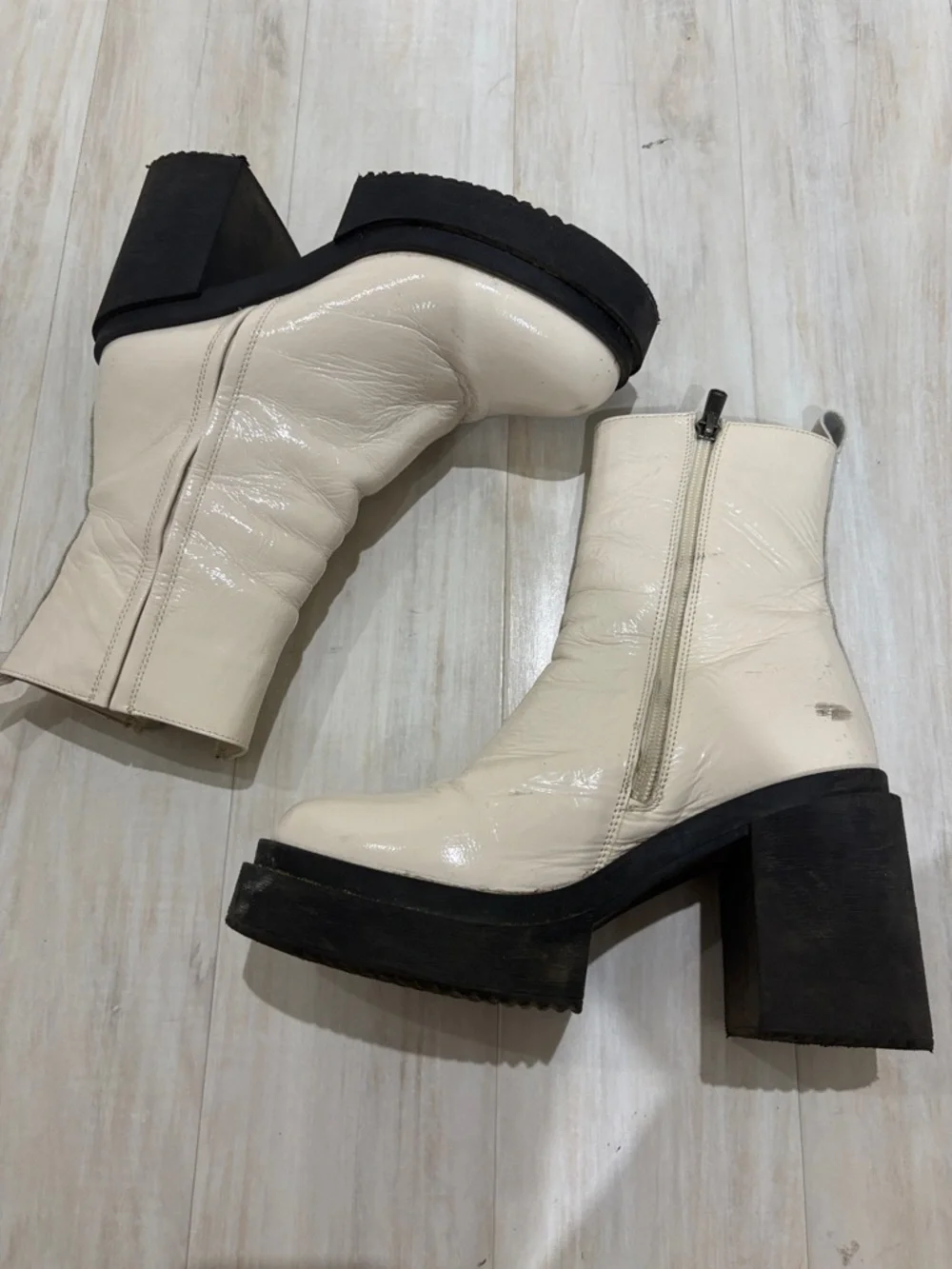 Steve Madden Cream Patent Platform Ankle Boots with Black Soles
